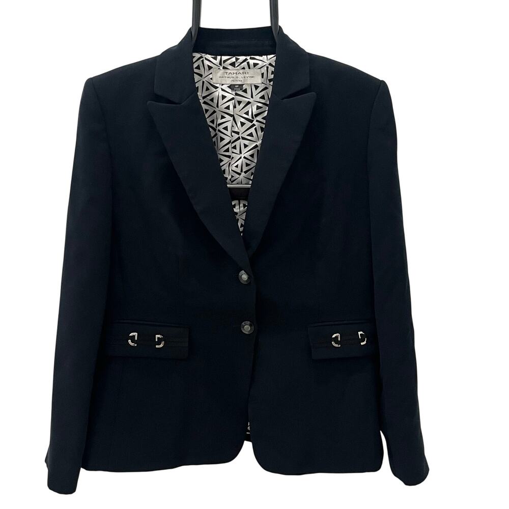 Tahari Arthur S. Levine Women's Petite 8P Black Blazer Silver Buttons & Buckles